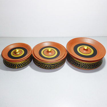 Earthen Clay Golden Black Round Handi Set of 3