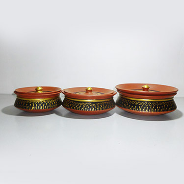 Earthen Clay Golden Black Round Handi Set of 3